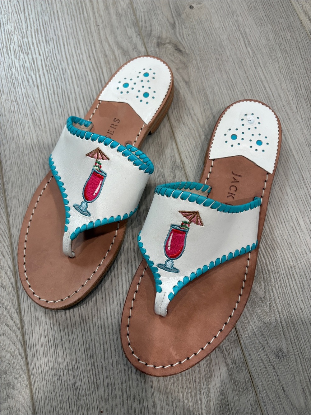 Jack Rogers White Leather Cocktail Embroidered Thong Sandals size 9